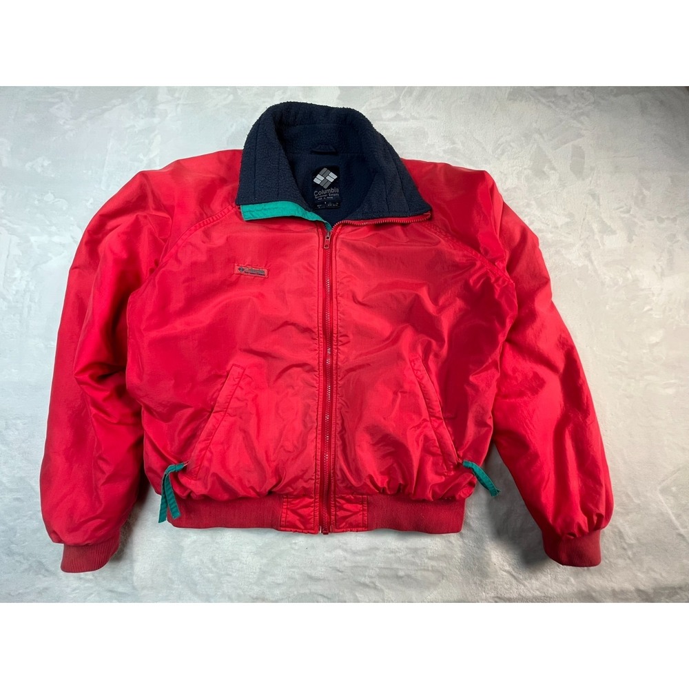 VTG COLUMBIA Mens‎ L Jacket Red Nylon  Blue Fleece Lined Teal Details